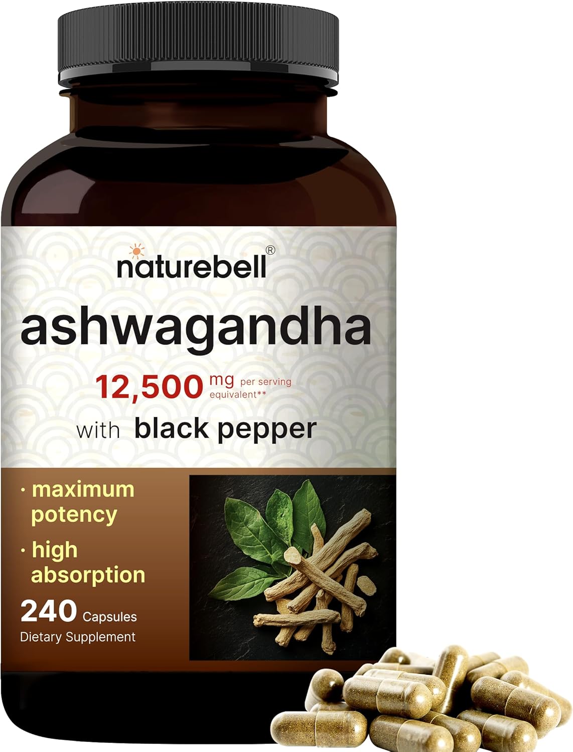 ASHWAGANDHA NATUREBELL 12500 MG 240 CAPSULAS NO GMO CON PIMIENTA NEGRA