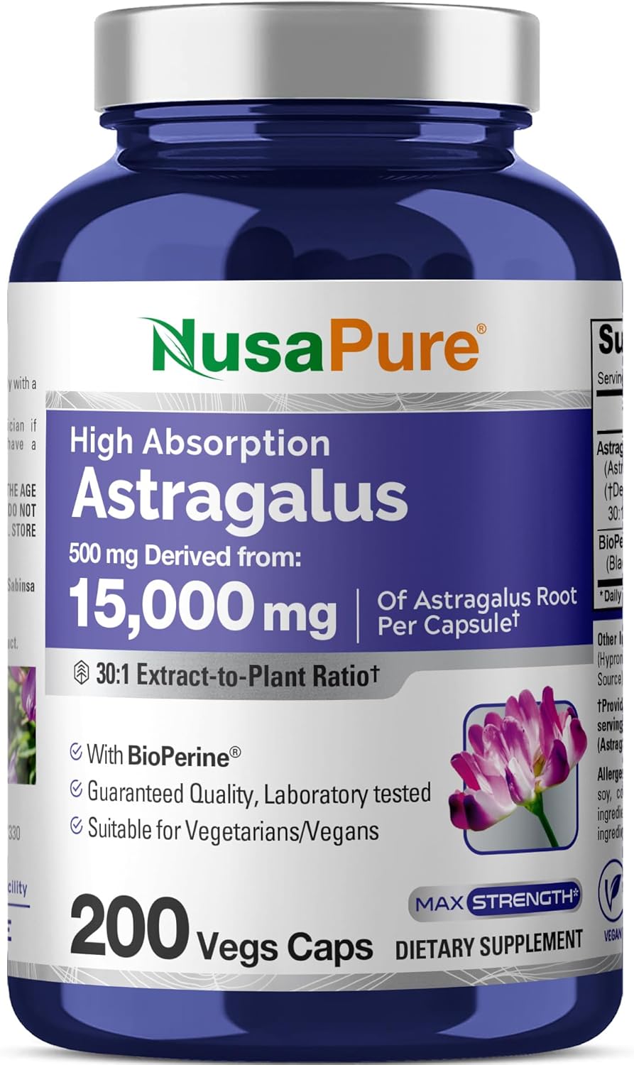 ASTRÁGALO 15000 MG CON BIOPERINA 2.5 MG NUSAPURE 200 CAPSULAS VEGANO