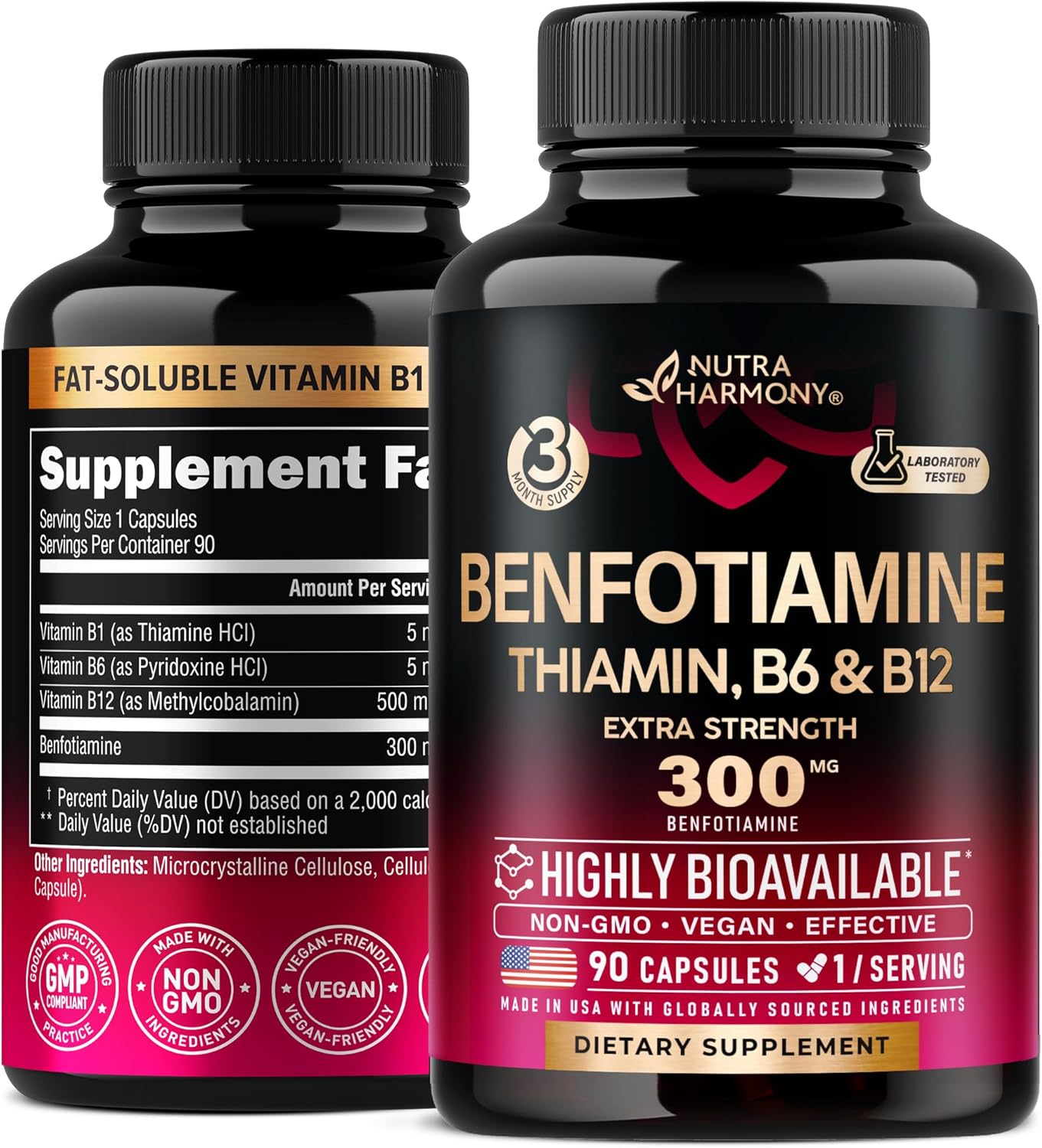 BENFOTIAMINA B6 Y B12 + TIAMINA 300 MG 90 CÁPSULAS VEGANO NO GMO NUTRA HARMONY