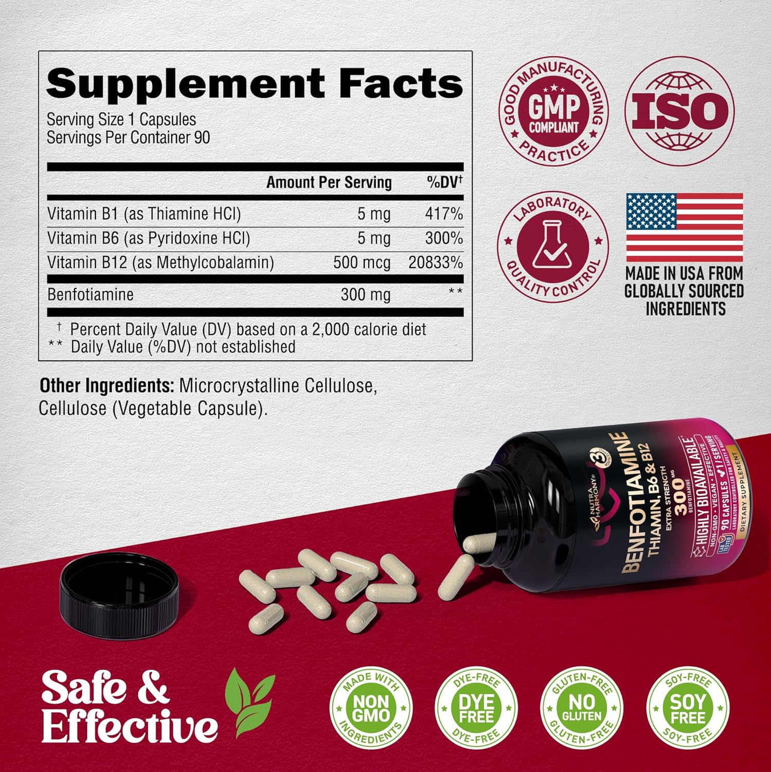 BENFOTIAMINA B6 Y B12 + TIAMINA 300 MG 90 CÁPSULAS VEGANO NO GMO NUTRA HARMONY