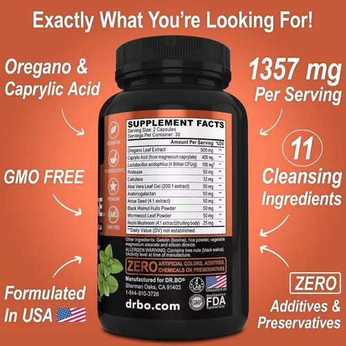 CANDI LIMPIEZA 1357 MG CON HOJA DE OREGANO 500 MG Y ÁCIDO CAPRÍLICO 400 MG 60 CAPSULAS SIN GMO DR. BO CLEANSE