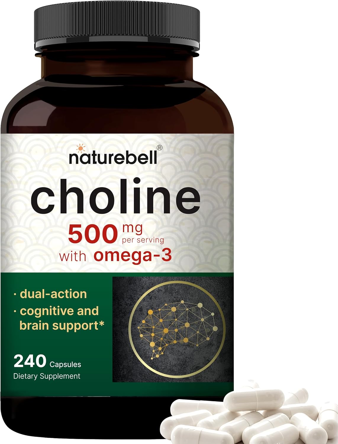 COLINA 500 MG + OMEGA 3 100 MG NATUREBELL 240 CÁPSULAS BLANDAS CHOLINE NO GMO