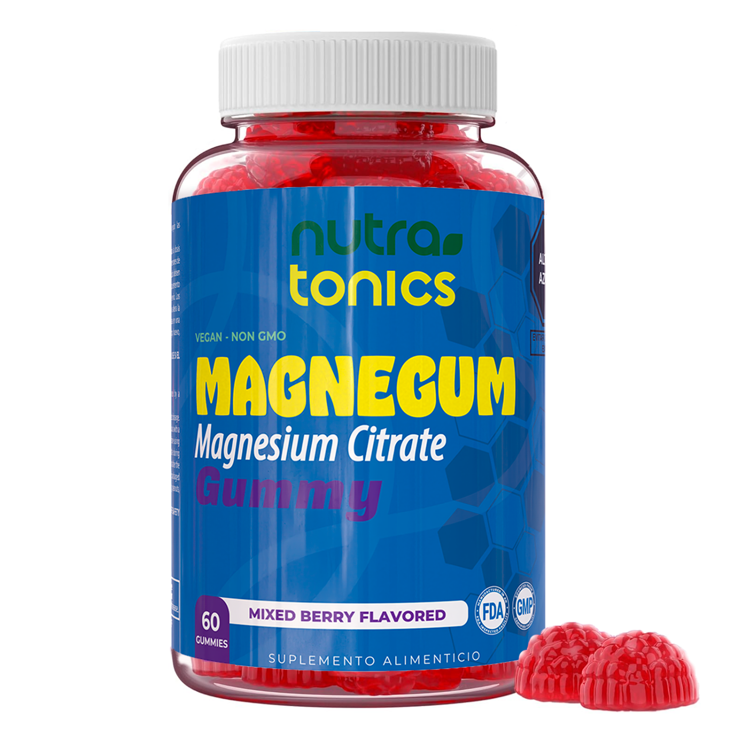 CITRATO DE MAGNESIO 957 MG MAGNEGUM 60 GOMITAS NUTRATONICS VEGANO, NO GMO SABOR A MIX BERRY
