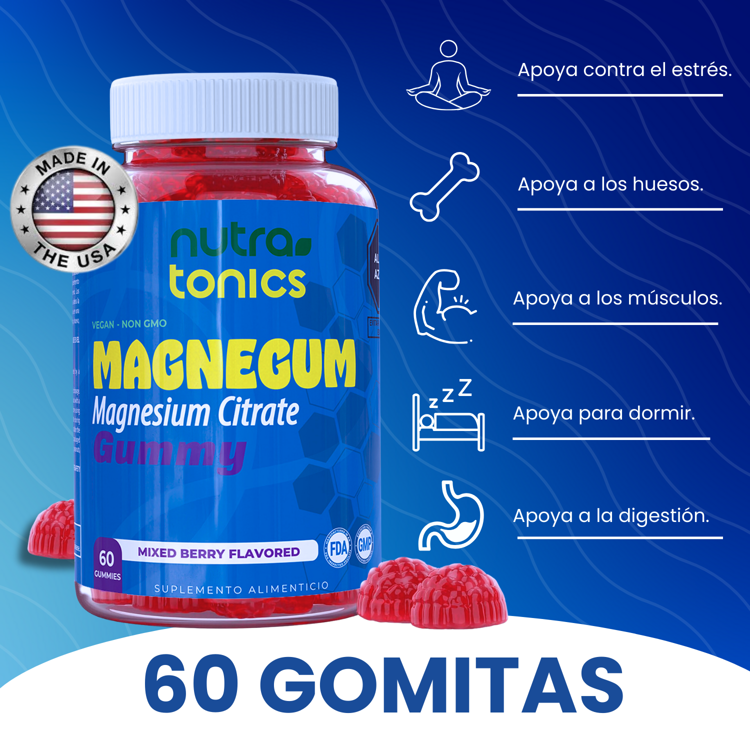 CITRATO DE MAGNESIO 957 MG MAGNEGUM 60 GOMITAS NUTRATONICS VEGANO, NO GMO SABOR A MIX BERRY