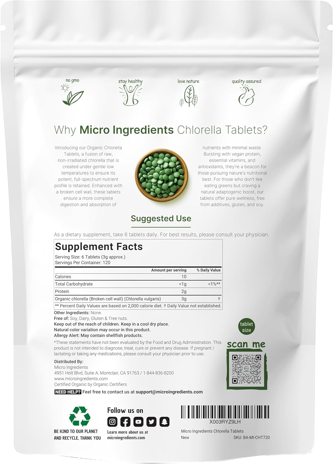 CLORELLA ORGANICA MICROINGREDIENTS 500 MG 720 TABLETAS SIN GMO