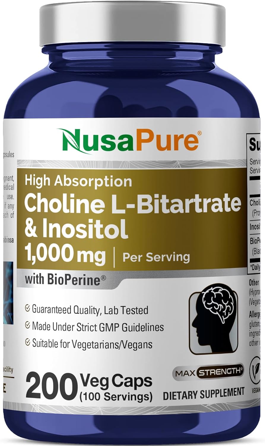 COLINA & INOSITOL NUSAPURE 1,000MG 200 CAPSULAS VEGETALES