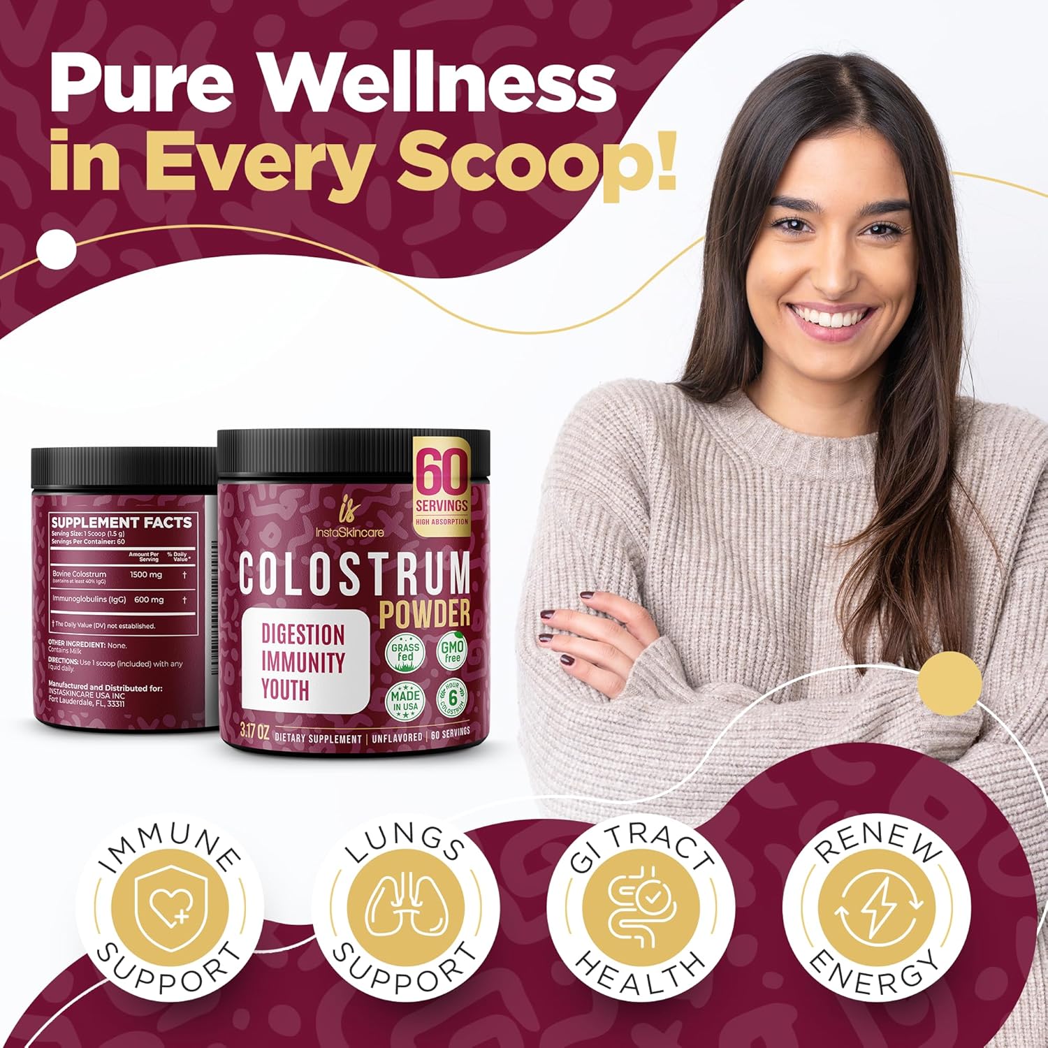 CALOSTRO BOVINO EN POLVO 1500 MG 90 GR 60 PORCIONES NO GMO INSTASKINCARE