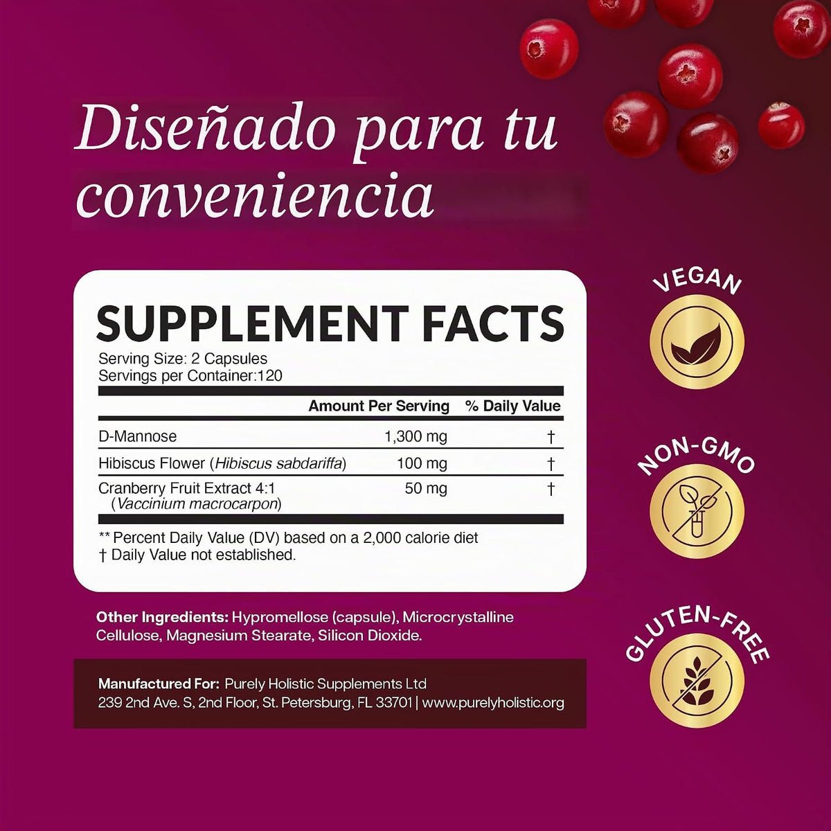 D MANOSA 1300 MG CON HIBISCO 100 MG Y CRANBERRY 50 MG 240 CAPSULAS SIN GMO VEGANO PURELY HOLISTIC
