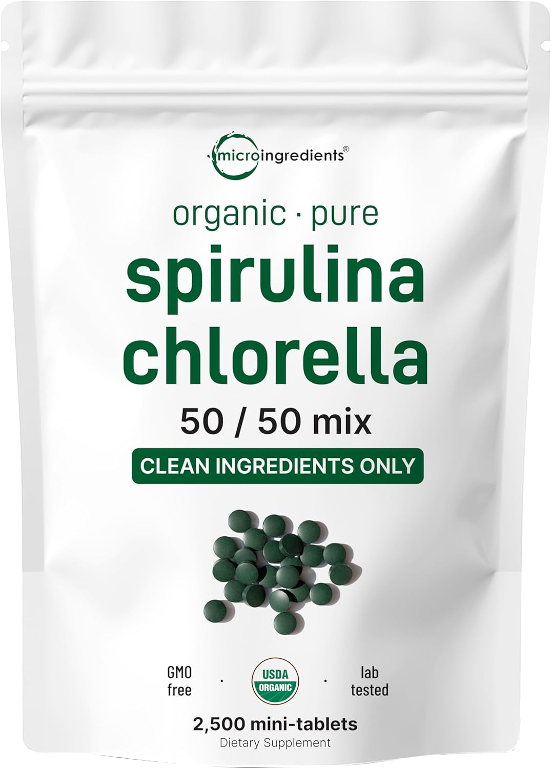 ESPIRULINA 1,000 MG CLORELLA 1,000 MG MICROINGREDIENTS 2,500 MINI TABLETAS SIN GMO