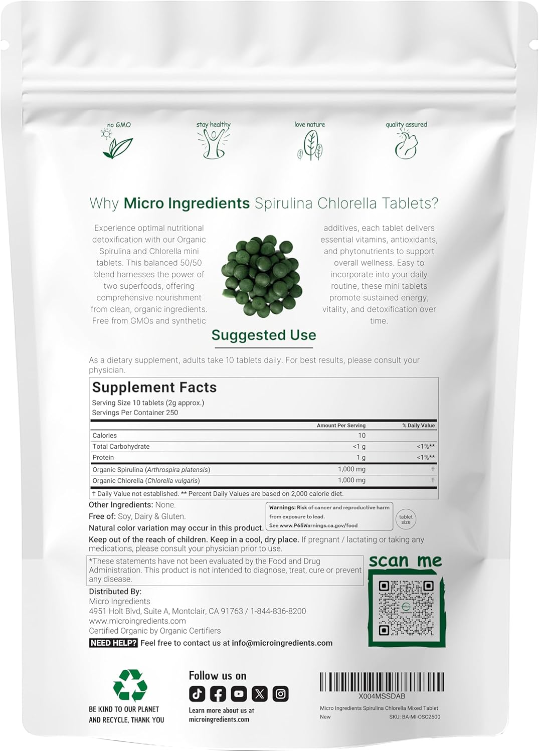 ESPIRULINA 1,000 MG CLORELLA 1,000 MG MICROINGREDIENTS 2,500 MINI TABLETAS SIN GMO