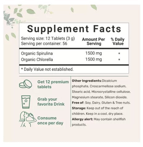ESPIRULINA CLORELLA MICROINGREDIENTS 3000 MG 675 TABLETAS SIN GMO