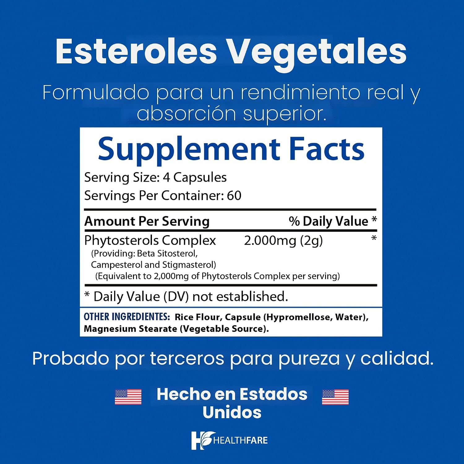 ESTEROLES VEGETALES CON BETA SISTOTEROL 2000 MG HEALTHFARE 240 CAPSULAS VEGANO NO GMO PLANT STEROLS