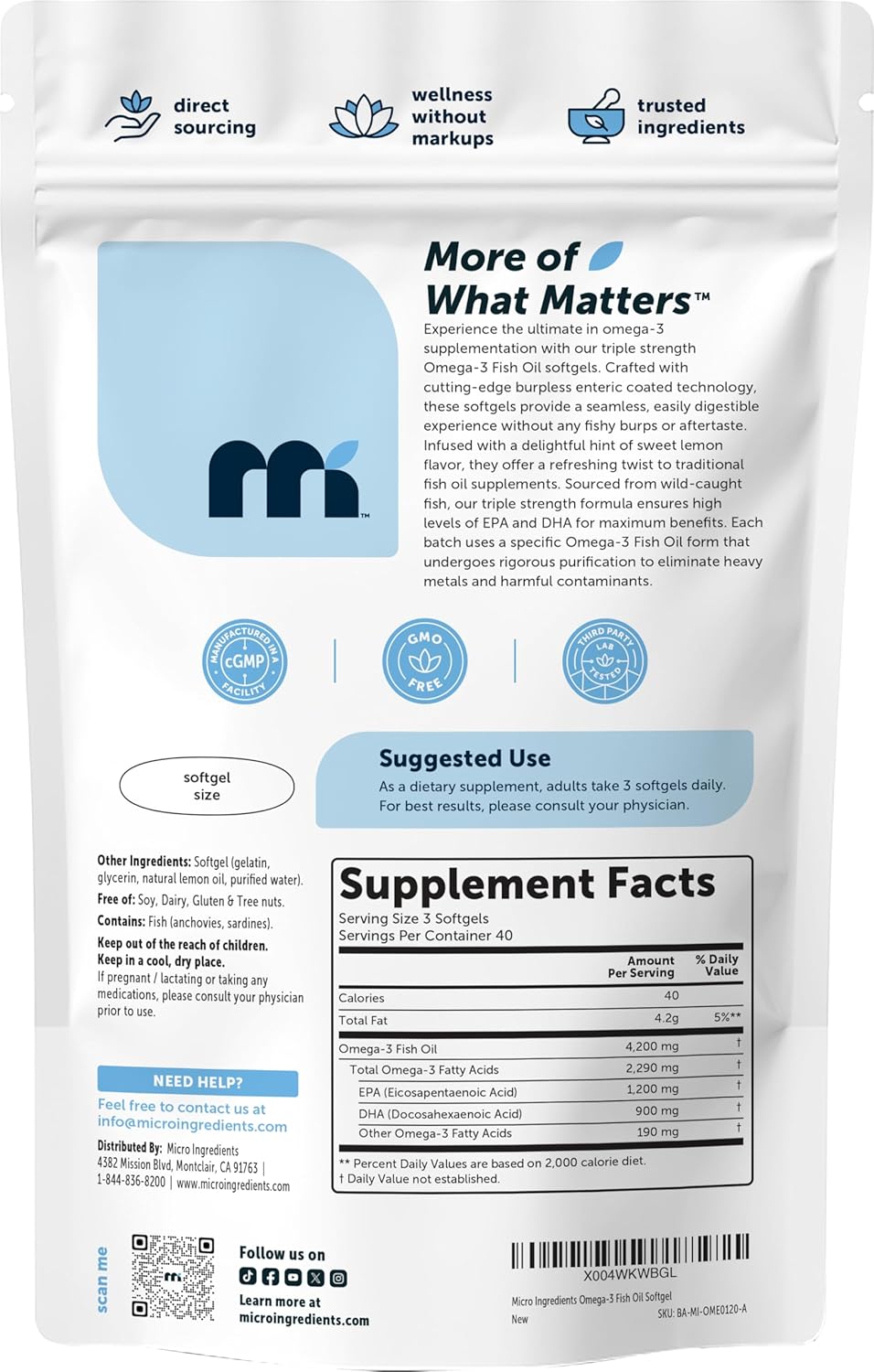 FISH OIL OMEGA 3 4,200 MG EPA 1,200 MG DHA 900 MG MICROINGREDIENTS 120 CAPSULAS BLANDAS NO GMO