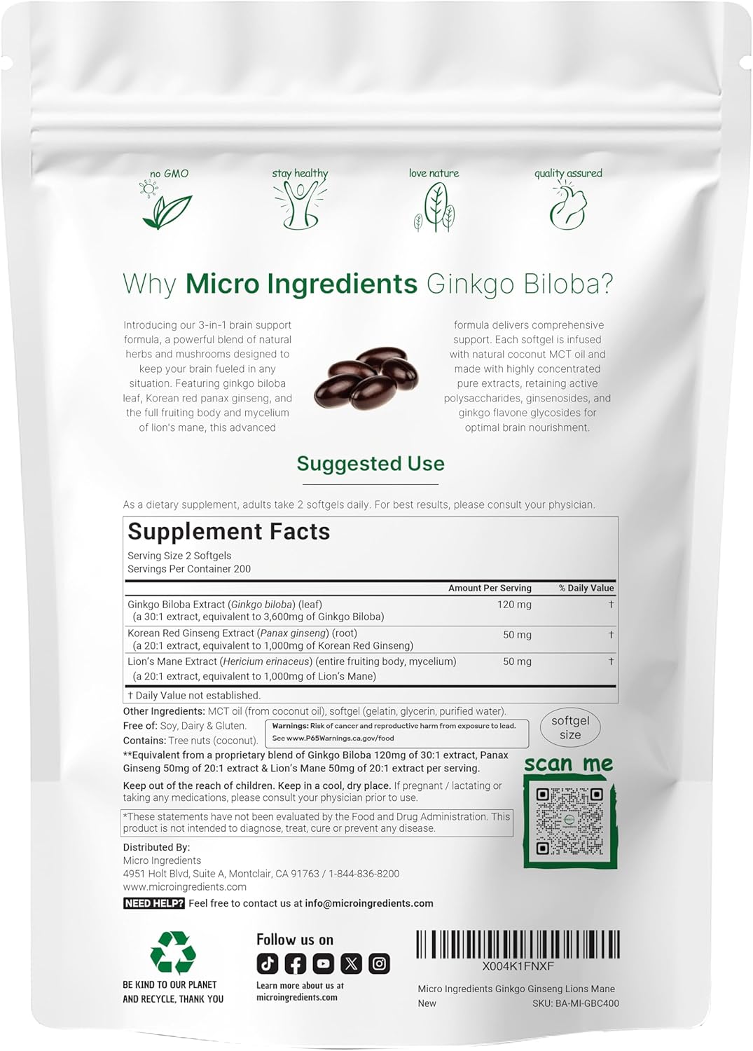 GINKGO BILOBA 120 MG CON KOREAN GINSENG 50 MG MICROINGREDIENTS 400 CAPSULAS