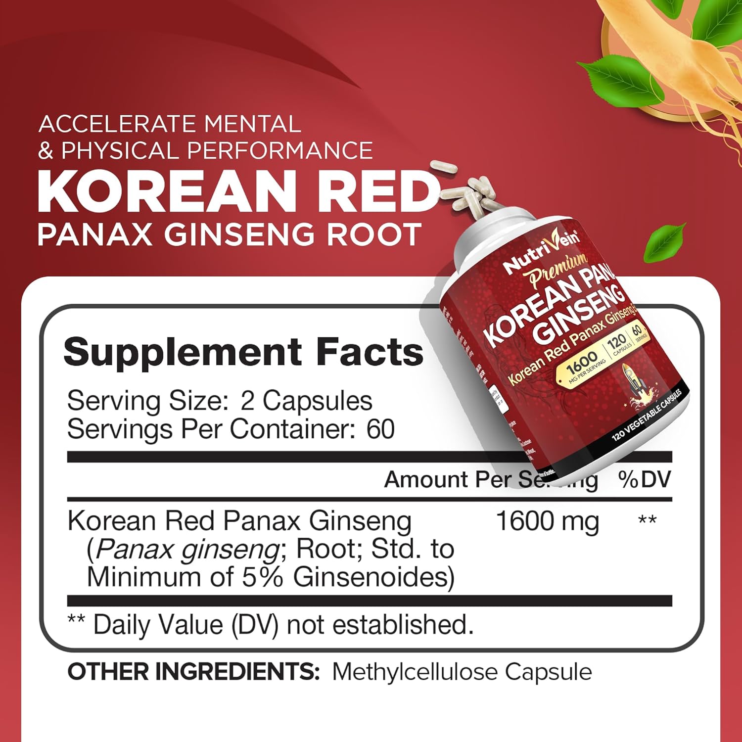 GINSENG KOREAN PANAX 1600 MG NUTRIVEIN 120 CAPSULAS VEGANO NO GMO