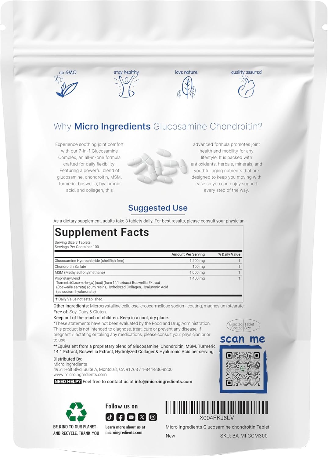 GLUCOSAMINA 4,000 MG 7 EN 1 MICROINGREDIENTS 300 TABLETAS NO GMO