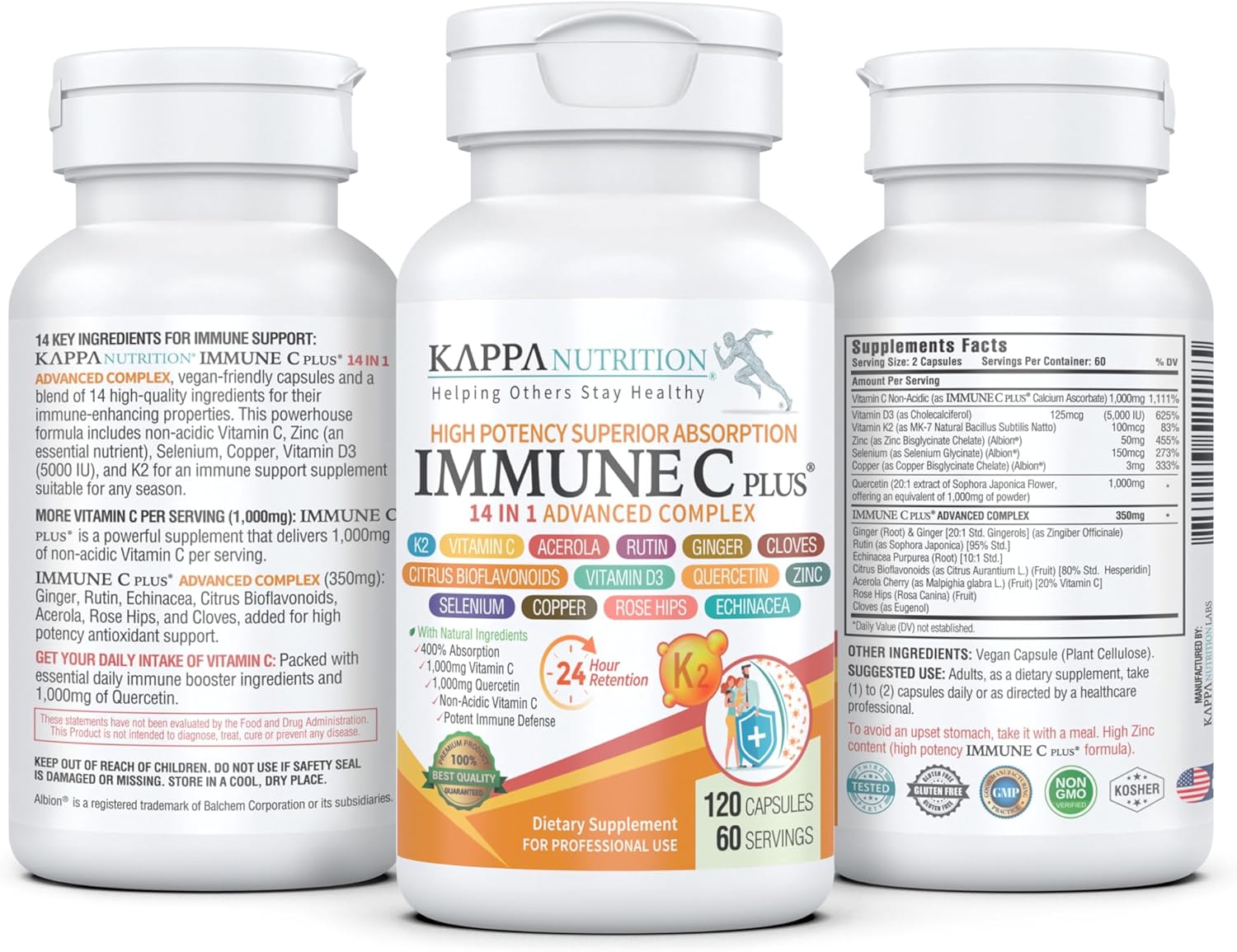 IMMUNE C PLUS CON ZINC SELENIO D3 K2 Y VITAMINA C 120 CAPSULAS SIN GMO KAPPA NUTRITION