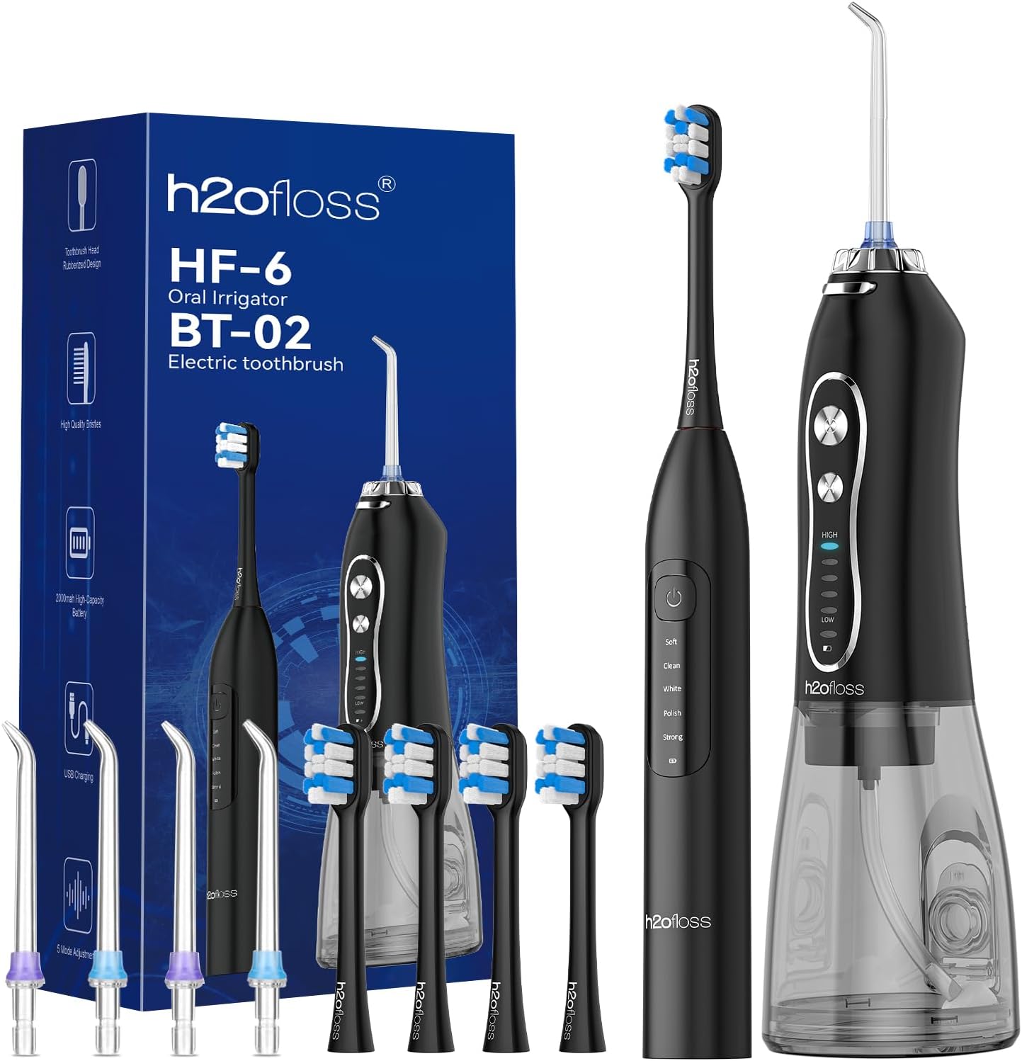IRRIGADOR DENTAL + CEPILLO DE DIENTES H2OFLOSS 4 PUNTAS 5 MODOS