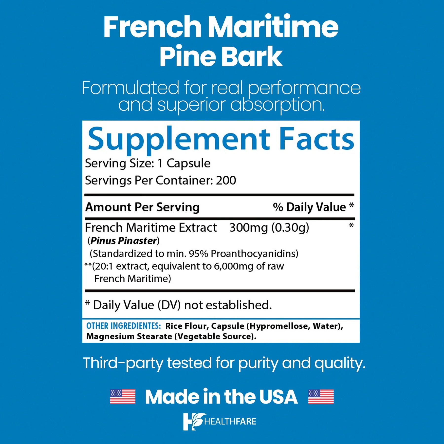 EXTRACTO DE CORTEZA DE PINO 6000 MG HEALTHFARE 200 CAPSULAS NO GMO FRENCH MARITIME PINE BARK