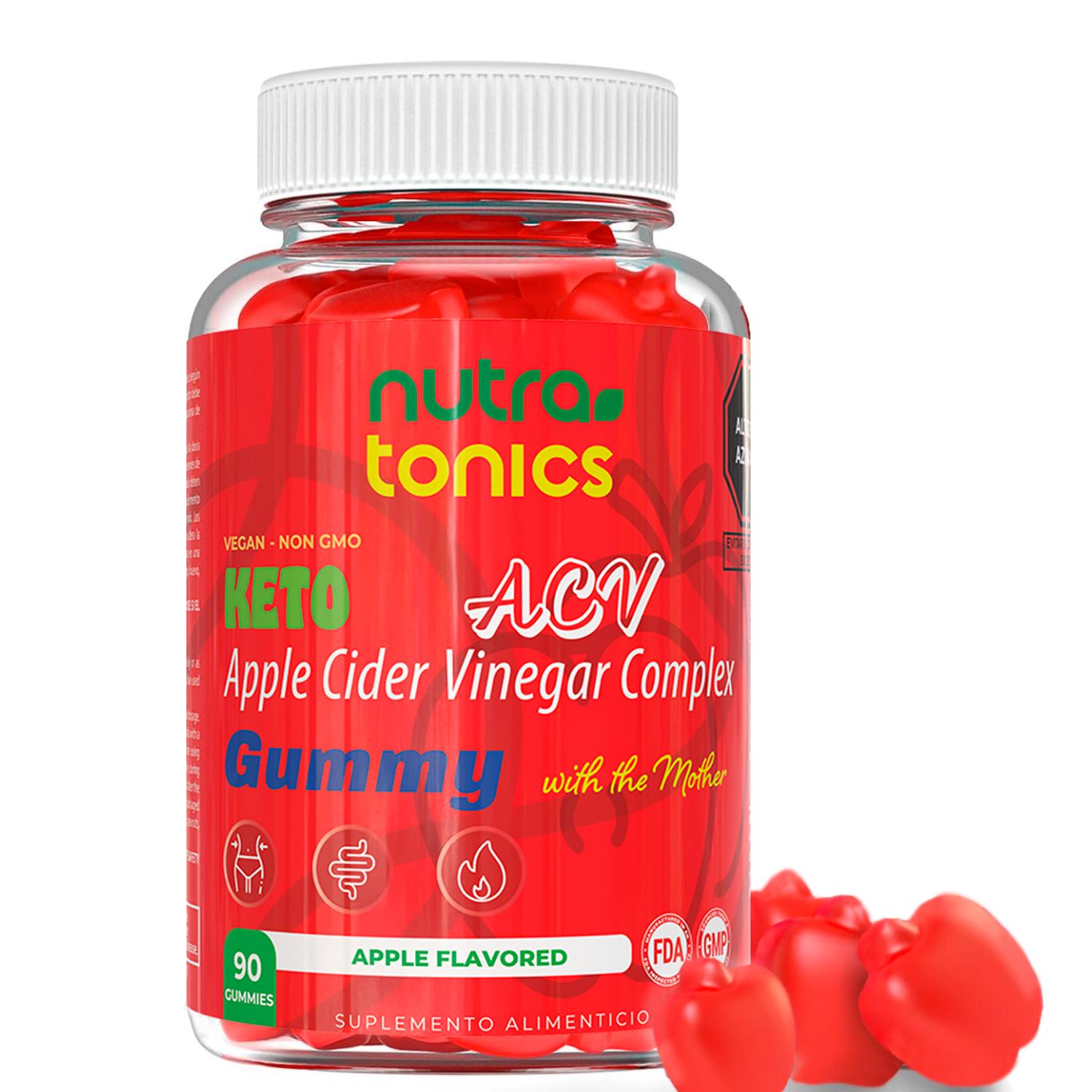 KETO ACV - VINAGRE DE MANZANA COMPLEX CON THE MOTHER 90 GOMITAS NUTRATONICS VEGANO, NO GMO, SABOR A MANZANA MADE IN USA