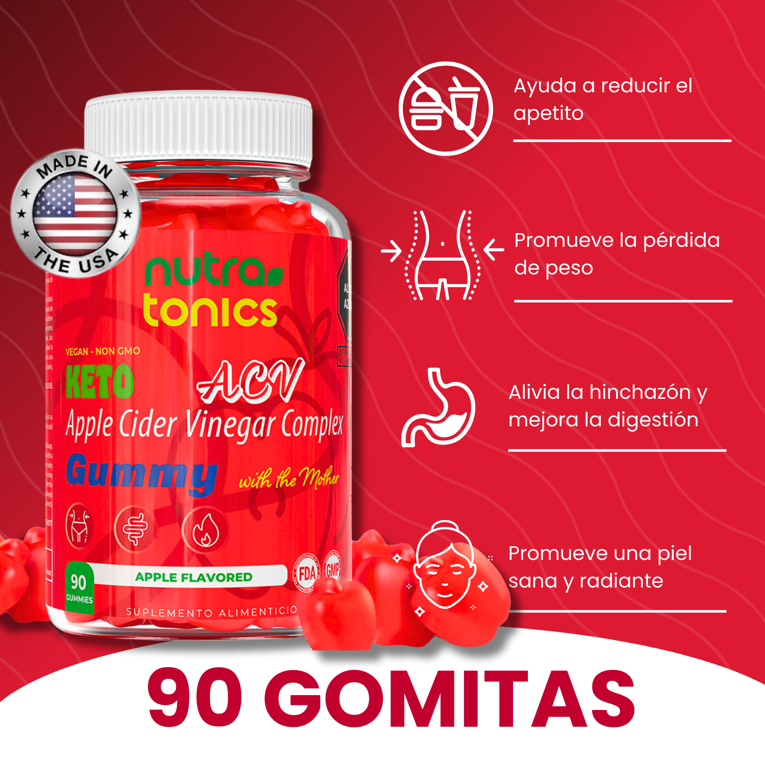 KETO ACV - VINAGRE DE MANZANA COMPLEX CON THE MOTHER 90 GOMITAS NUTRATONICS VEGANO, NO GMO, SABOR A MANZANA MADE IN USA