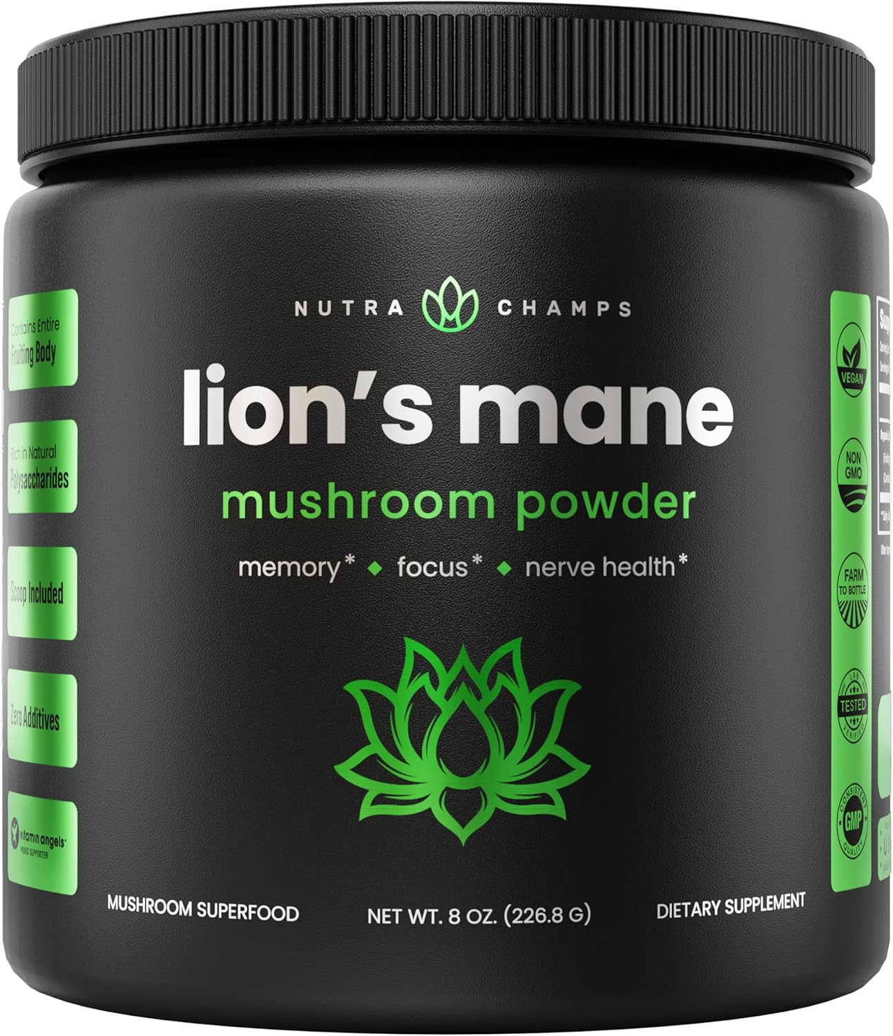 LIONS MANE EN POLVO 2000 MG 226.8 G VEGANO NO GMO NUTRA CHAMPS