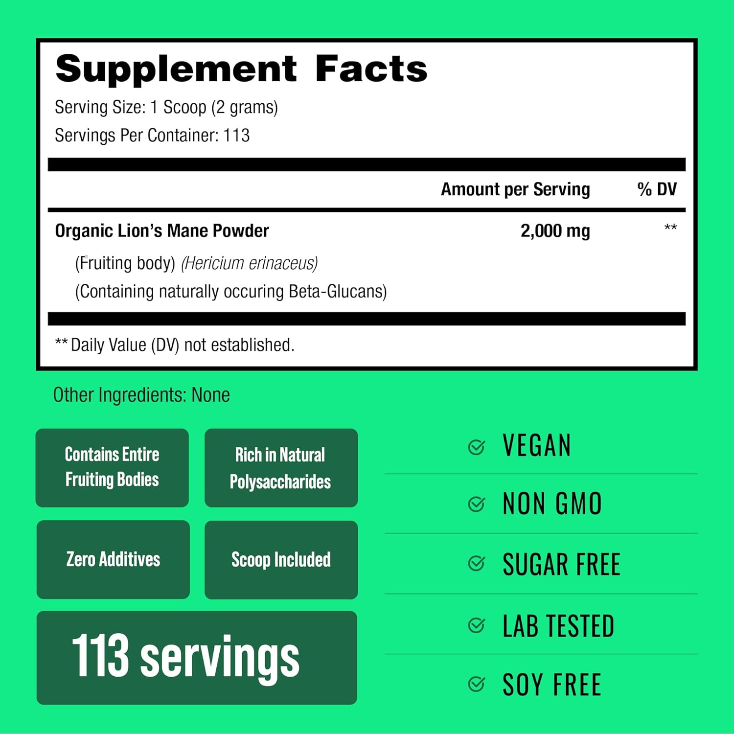 LIONS MANE EN POLVO 2000 MG 226.8 G VEGANO NO GMO NUTRA CHAMPS