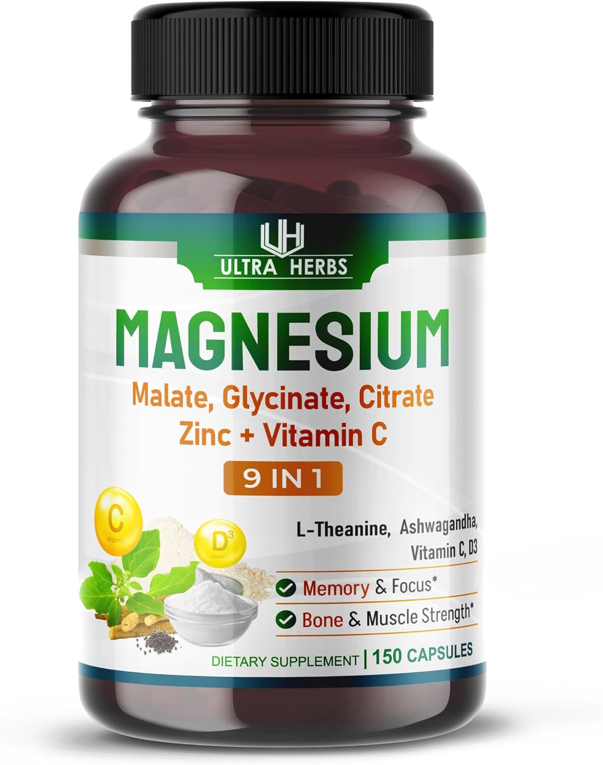 MALATO DE MAGNESIO, GLICINATO, CITRATO CON ZINC Y VITAMINA C 9 EN 1 6850 MG 150 CÁPSULAS NO GMO VEGAN ULTRA HERBS