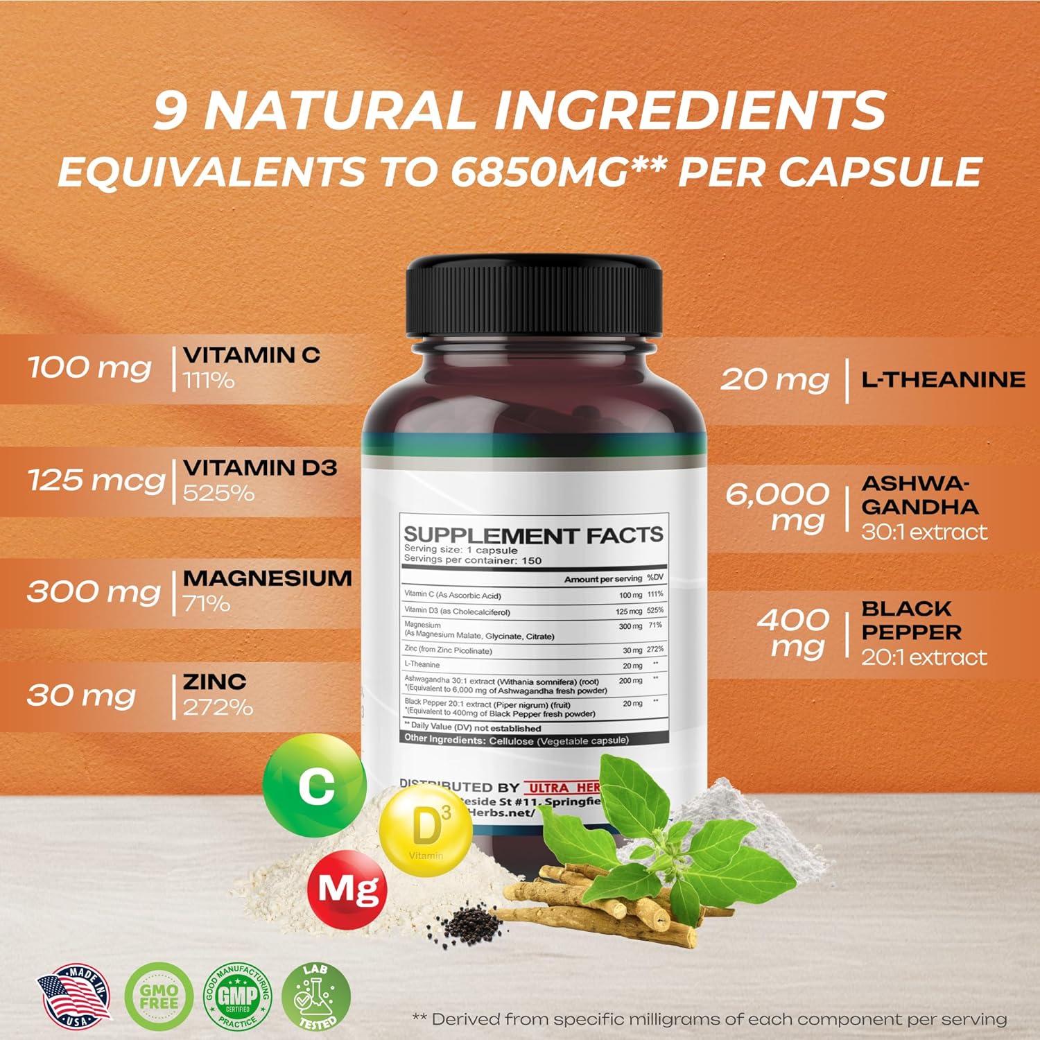 MALATO DE MAGNESIO, GLICINATO, CITRATO CON ZINC Y VITAMINA C 9 EN 1 6850 MG 150 CÁPSULAS NO GMO VEGAN ULTRA HERBS