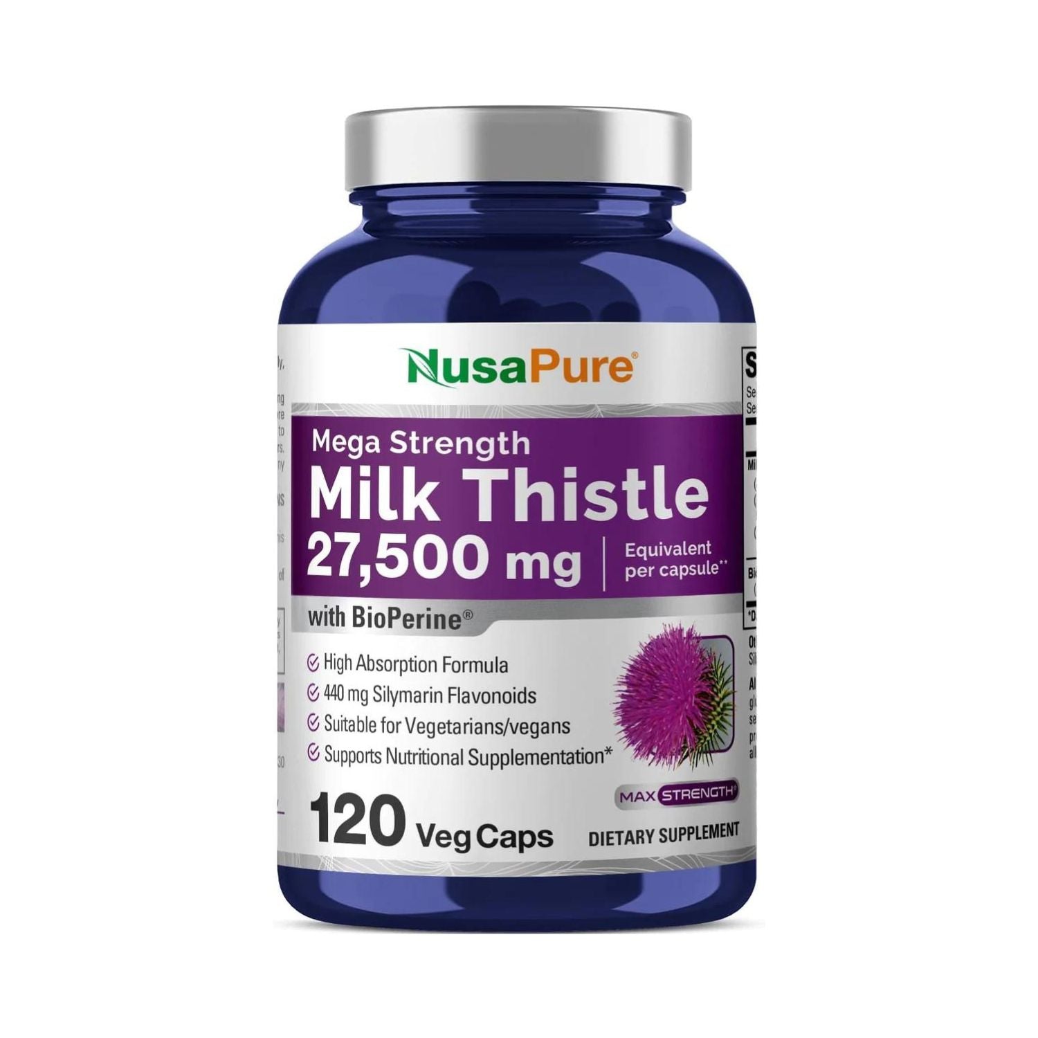 CARDO MARIANO 27,500 MG CON BIOPERINA 2.5 MG NUSAPURE 120 CAPSULASSIN GMO MILK THISTLE