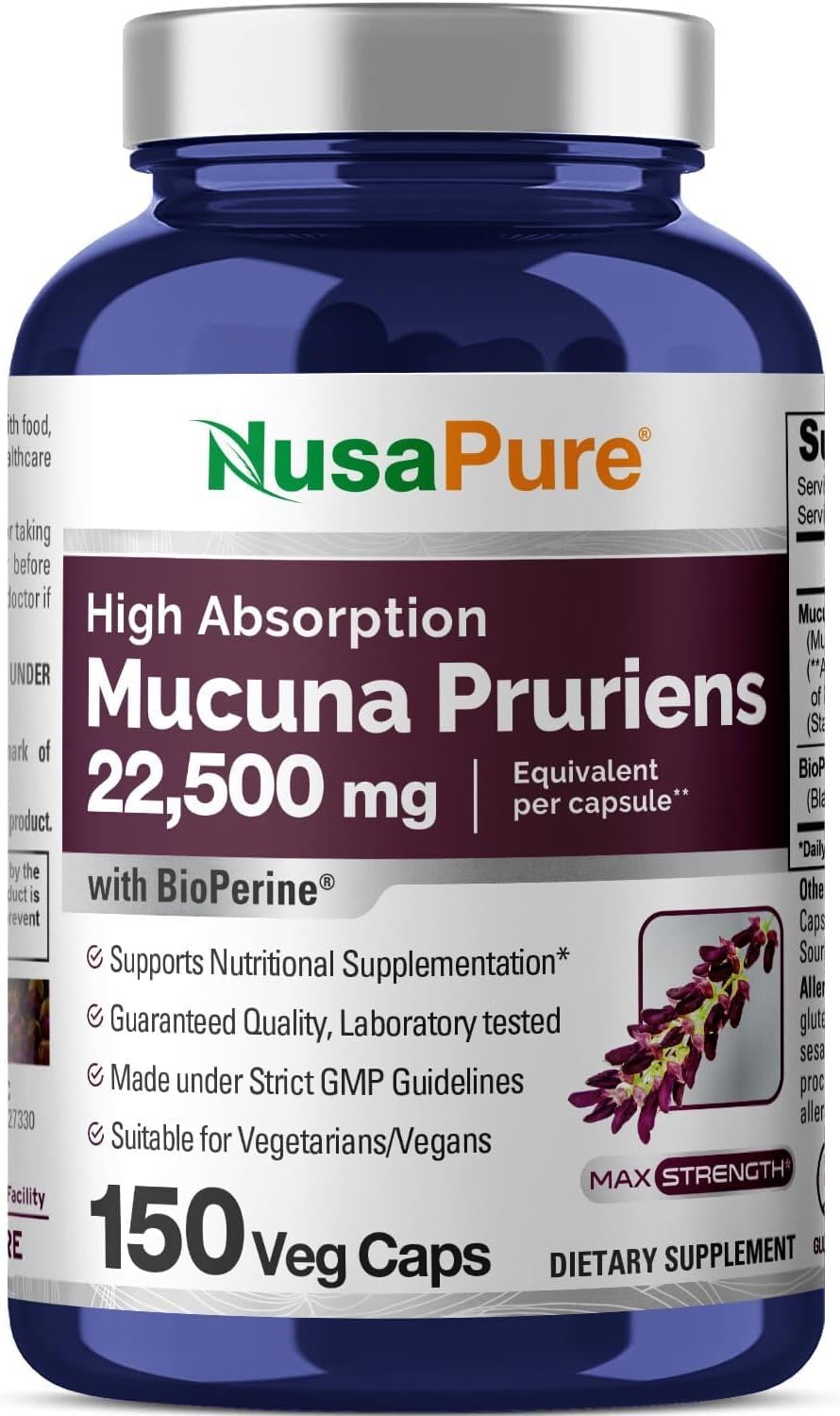 MUCUNA CON BIOPERINA NUSAPURE 22500 MG 150 CAPSULAS VEGETALES VEGANO NO GMO
