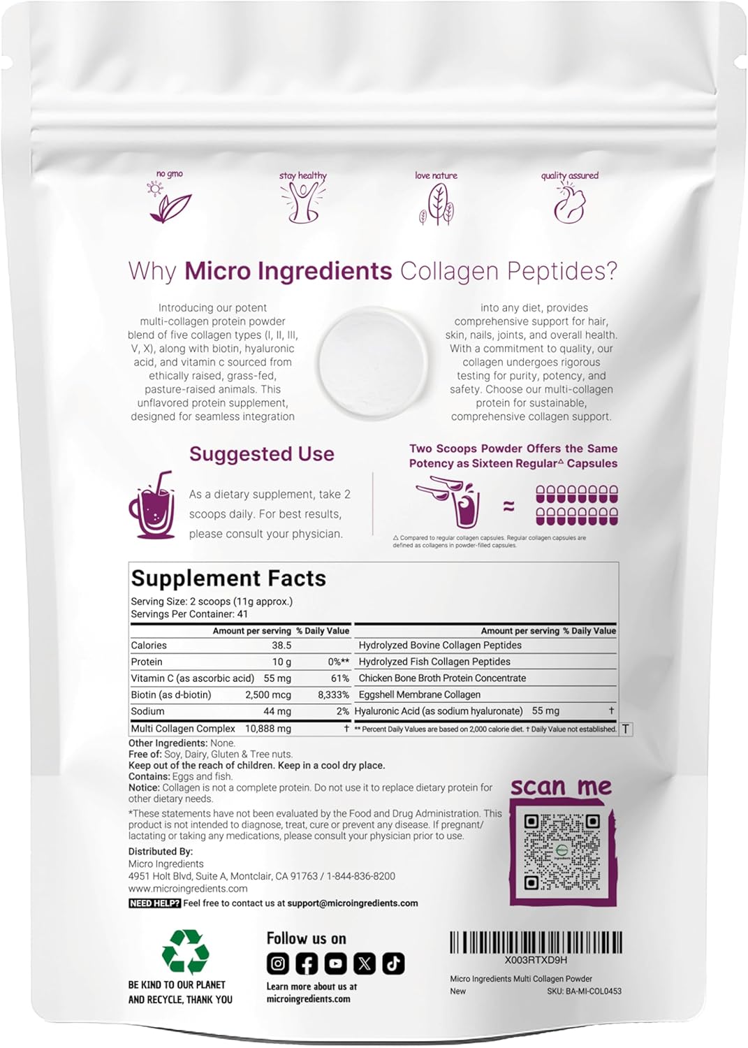 MULTI COLAGENO 454 GR MICROINGREDIENTS EN POLVO NO GMO