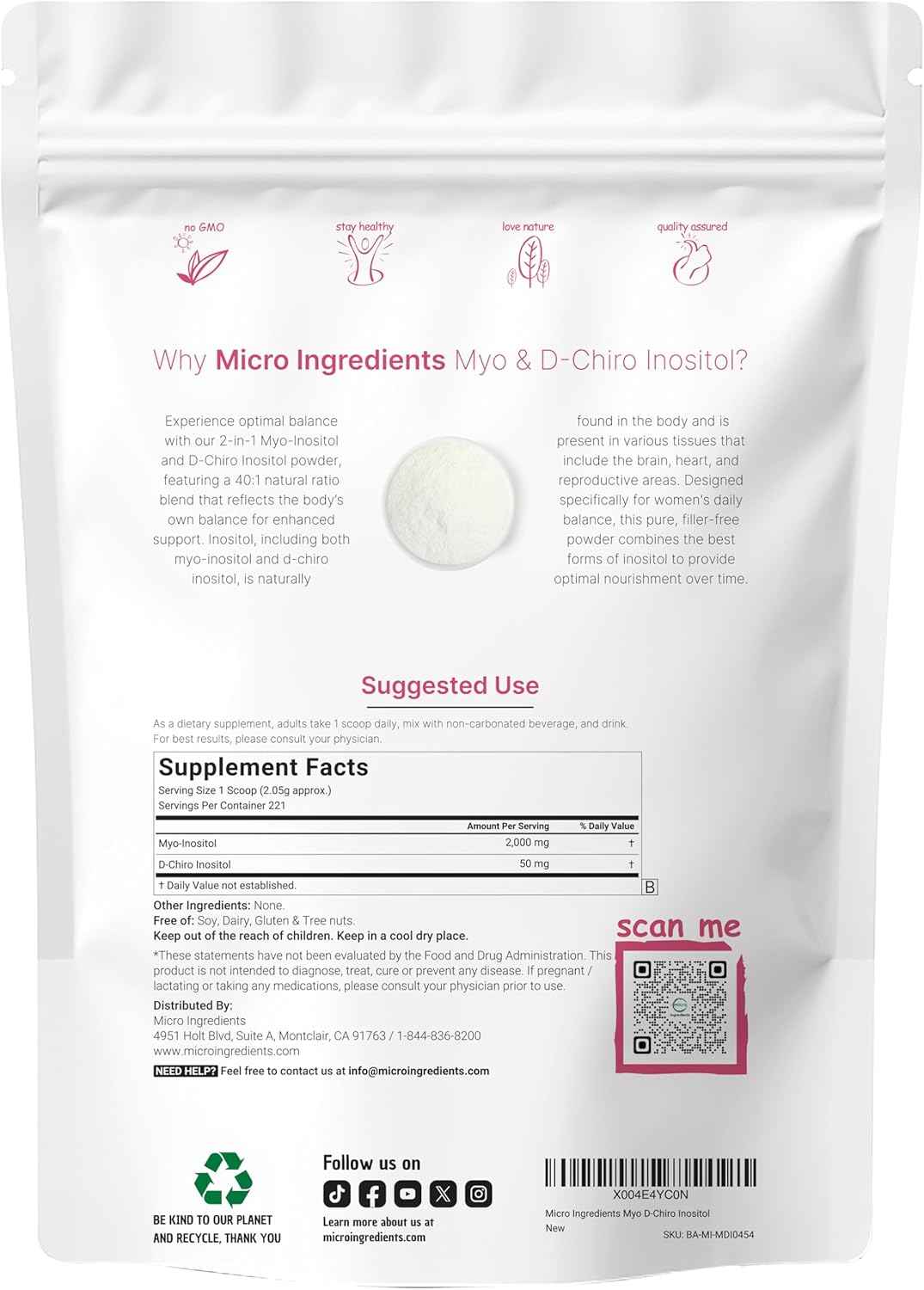 MYO & D CHIRO INOSITOL 2050 MG 221 SERVICIOS 454 GRAMOS MICROINGREDIENTS NO GMO