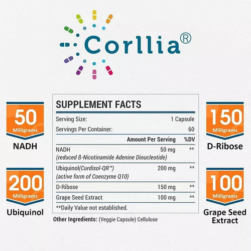 NADH CON COQ10 Y RIBOSIDE 500 MG 60 CAPSULAS CORLLIA