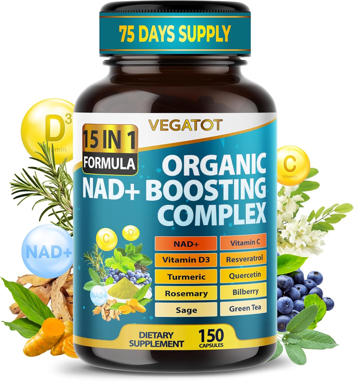 NAD+ COMPLEX 15 EN 1 CON RESVERATROL Y VITAMINA C VEGATOT 150 CAPSULAS VEGATALES VEGANO NO GMO