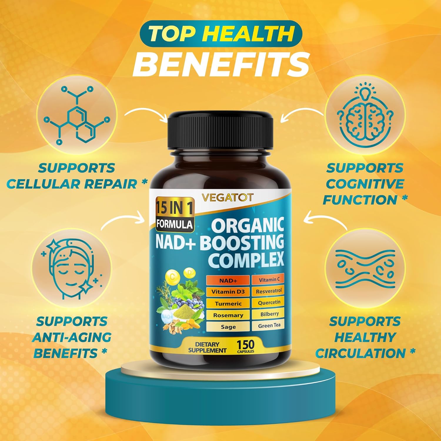 NAD+ COMPLEX 15 EN 1 CON RESVERATROL Y VITAMINA C VEGATOT 150 CAPSULAS VEGATALES VEGANO NO GMO