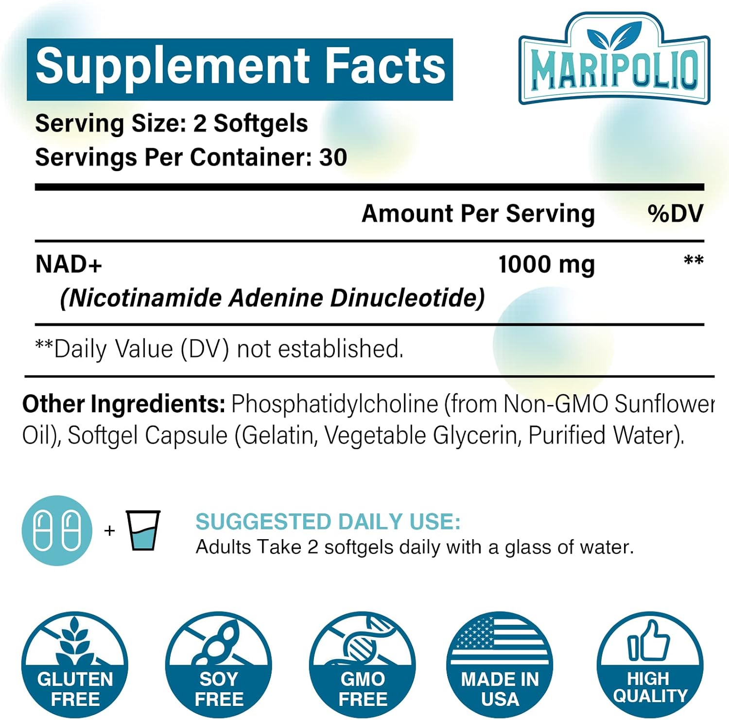 NAD+ LIPOSOMAL 1000 MG 60 CÁPSULAS BLANDAS NO GMO MARIPOLIO