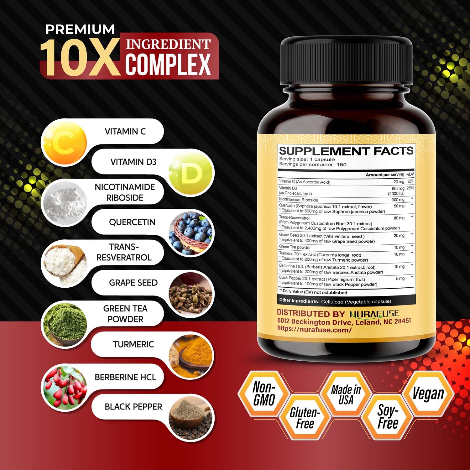 NAD NICOTINAMIDA RIBOSIDE + QUERCETIN+ RESVERATROL 10 EN 1 505 MG 150 CAPSULAS NO GMO NURAFUSE