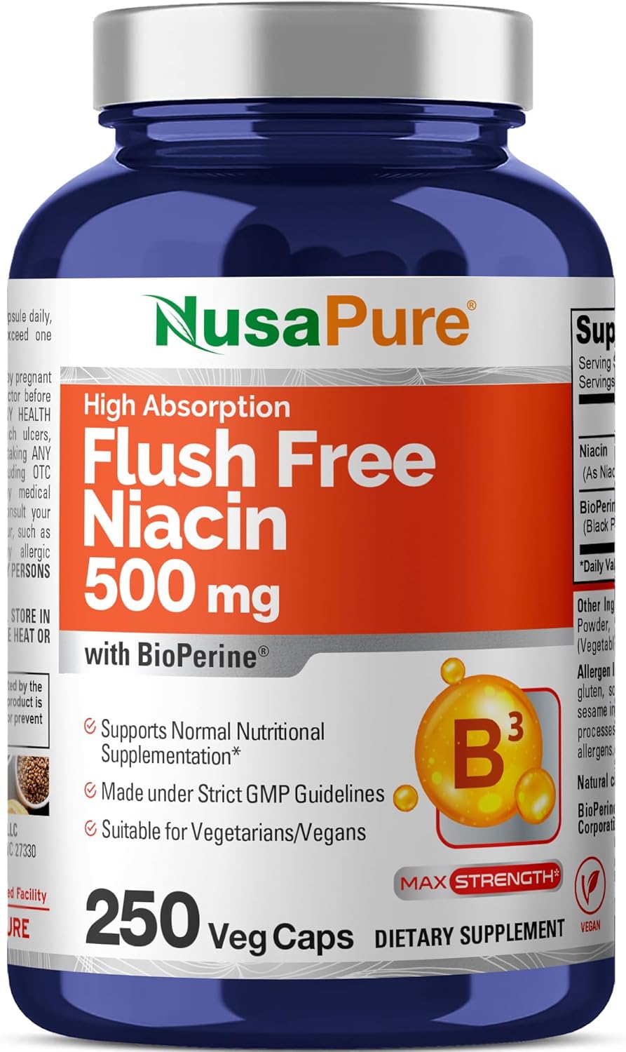 NIACINA FLUSH FREE VITAMINA B3 NUSAPURE 500 MG 250 CAPSULAS VEGETALES SIN GMO