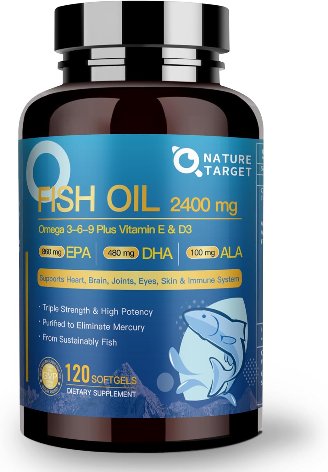 OMEGA 3 FISH OIL 2400 MG EPA 860 MG DHA 480 MG PLUS VITAMINA D3 & VITAMINA E 120 CÁPSULAS BLANDAS NATURE TARGET