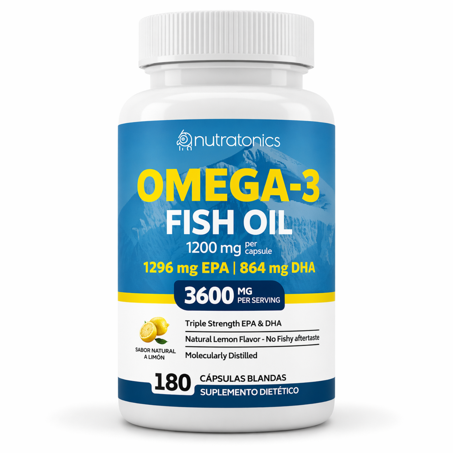 OMEGA 3 FISH OIL 3600MG NUTRATONICS 1296MG EPA + 864MG DHA 180 CAPSULAS BLANDAS SIN GLUTEN, NO GMO SABOR A LIMON