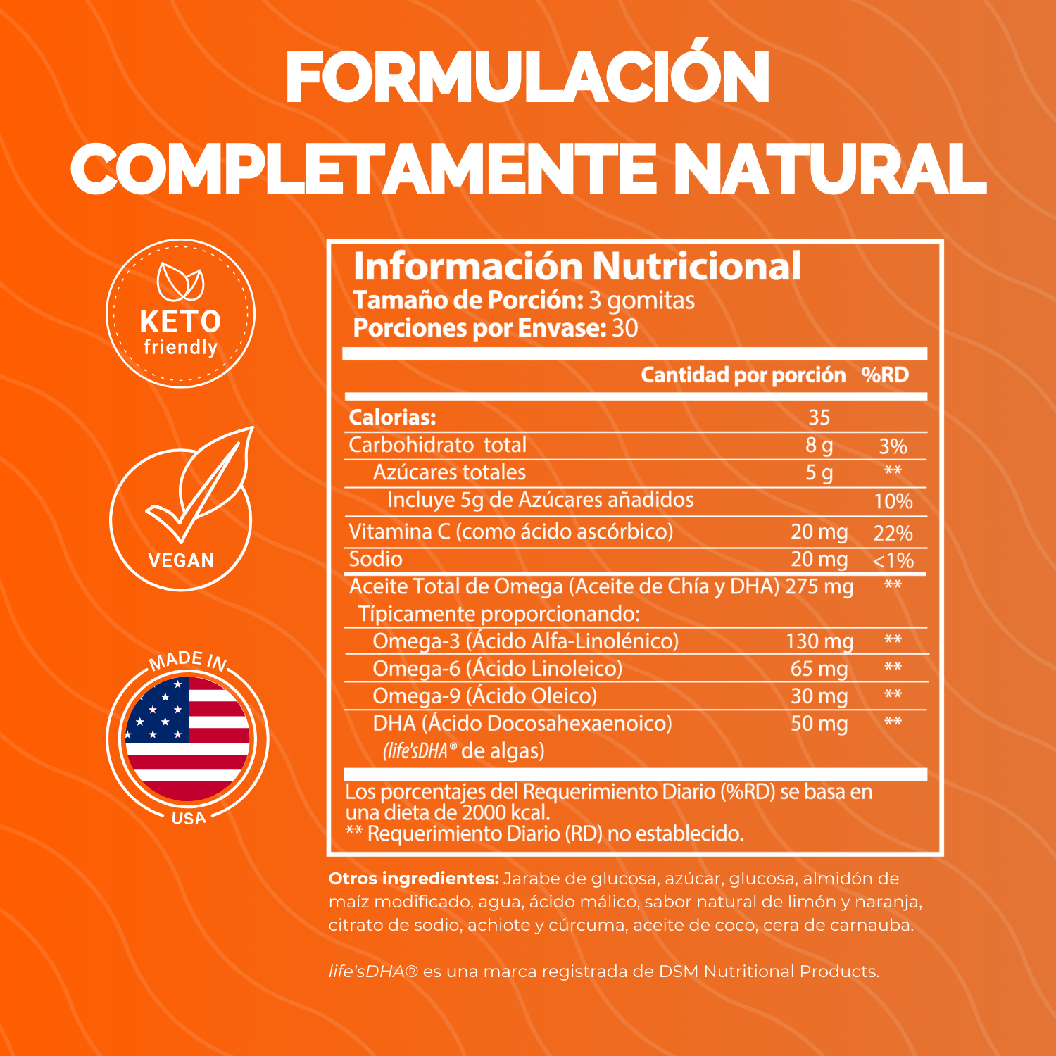OMEGA + DHA VEGANO 90 GOMITAS NUTRATONICS – SIN ACEITE DE PESCADO, NO GMO, SABOR A LIMÓN Y NARANJA MADE IN USA
