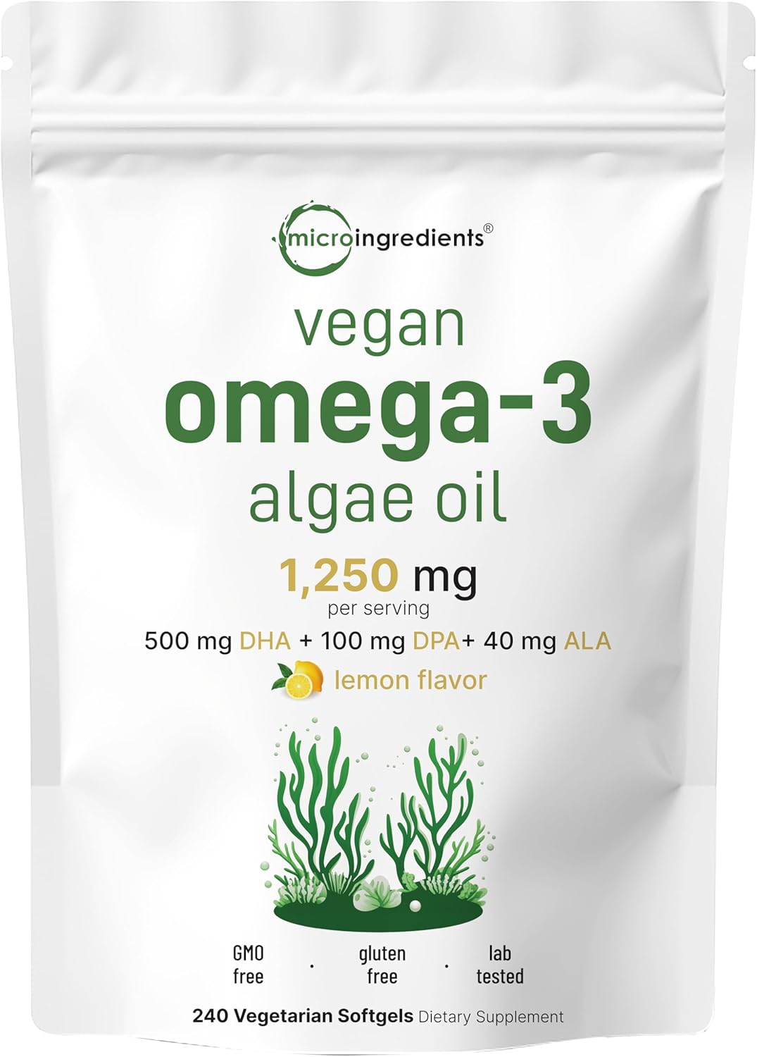 OMEGA 3 DE ALGAS VEGANO 1250 MG 500 MG DHA MICROINGREDIENTS 240 CAPSULAS BLANDAS VEGETALES NO GMO NO FISH OIL