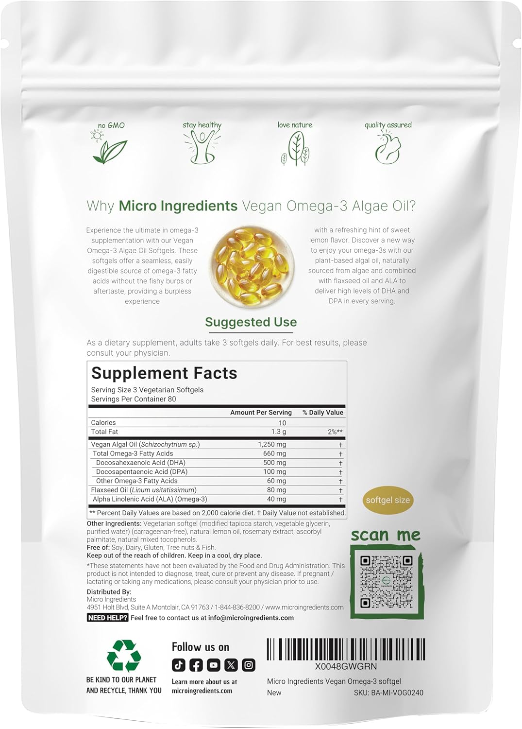 OMEGA 3 DE ALGAS VEGANO 1250 MG 500 MG DHA MICROINGREDIENTS 240 CAPSULAS BLANDAS VEGETALES NO GMO NO FISH OIL