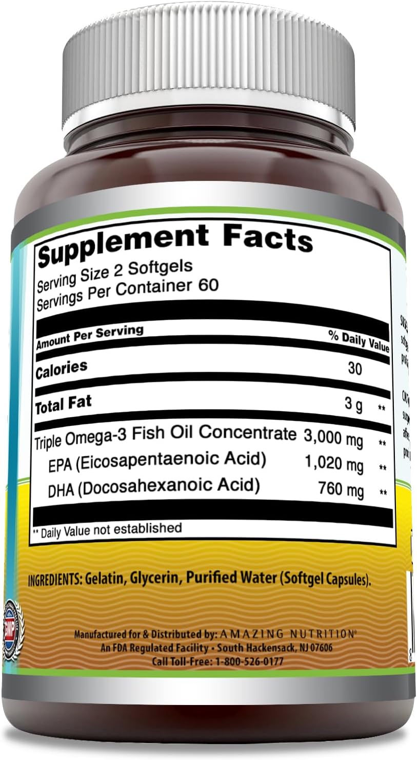 OMEGA 3 FISH OIL 3000 MG 120 CÁPSULAS BLANDAS NO GMO OMEGA 3 FISH OIL AMAZING NUTRITION
