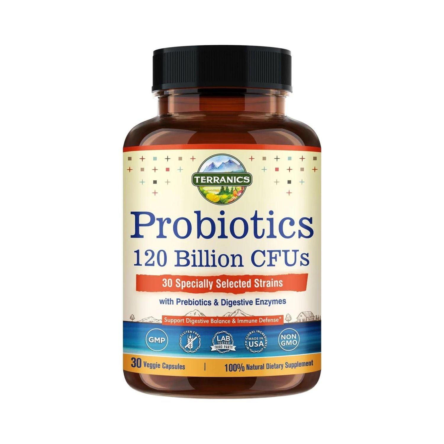 PROBIOTICO CON PREBIOTICOS Y ENZYMAS 120 BILLONES CFU 30 CEPAS 30 CAPSULAS SIN GMO TERRANICS