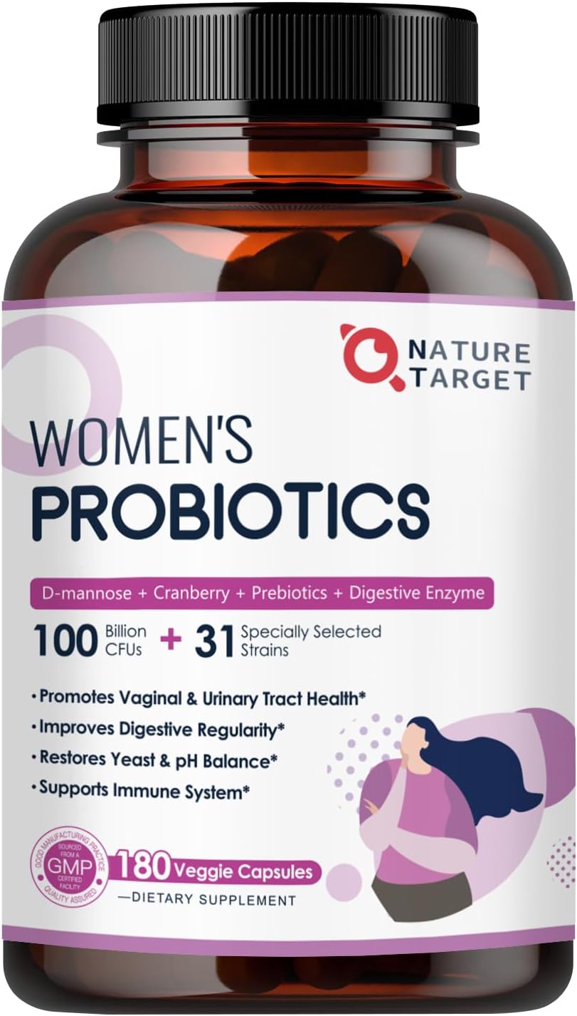PROBIOTICOS CON ENZIMAS DIGESTIVAS Y COMPLEJO URINARIO PARA MUJERES 31 CEPAS 100 BILLONES CFU 180 CAPSULAS VEGETALES SIN GMO NATURE TARGET