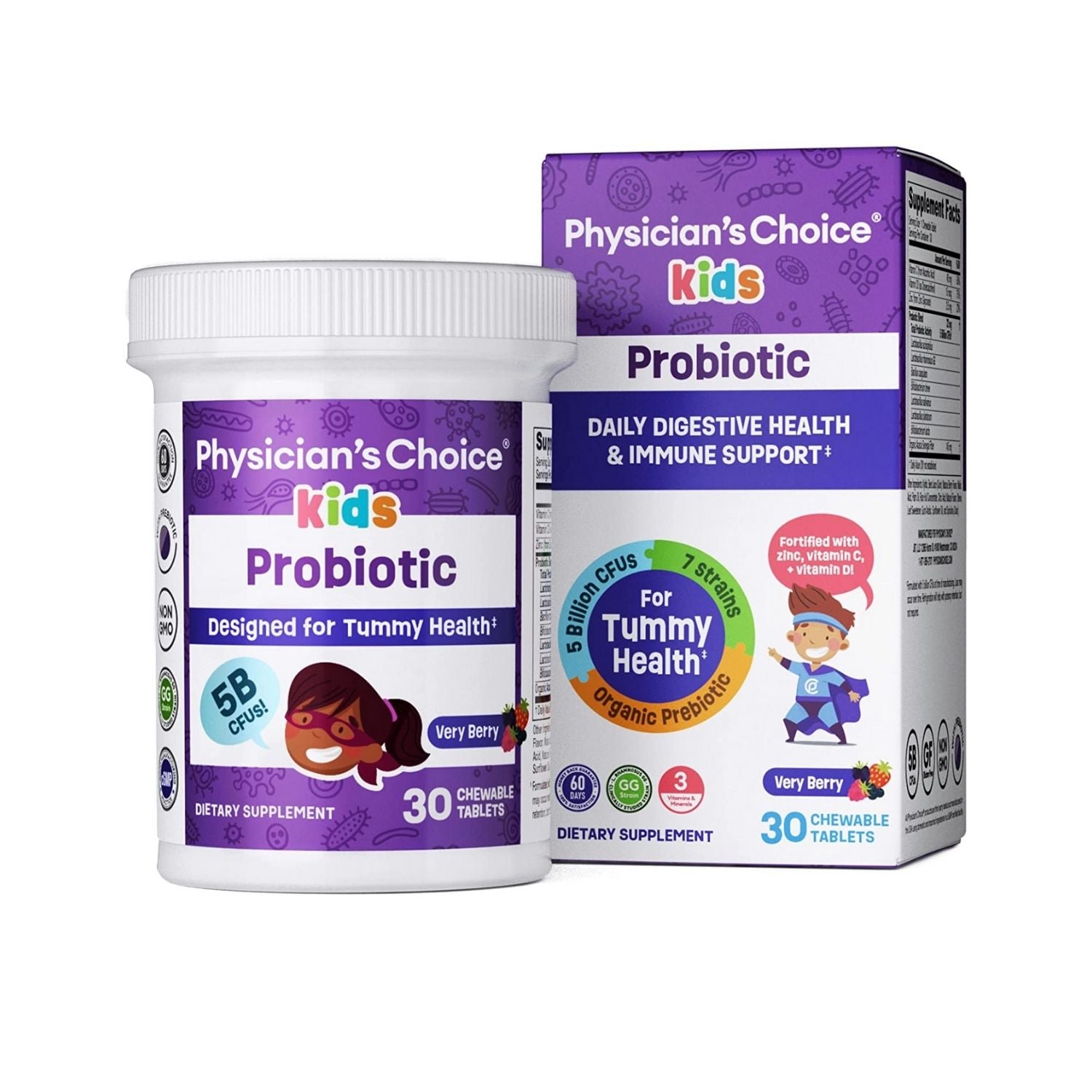 PROBIOTICOS PARA NIÑOS 7 CEPAS 5 BILLONES CFU 30 TABLETAS MASTICABLES SIN GMO PHYSICIAN´S CHOICE