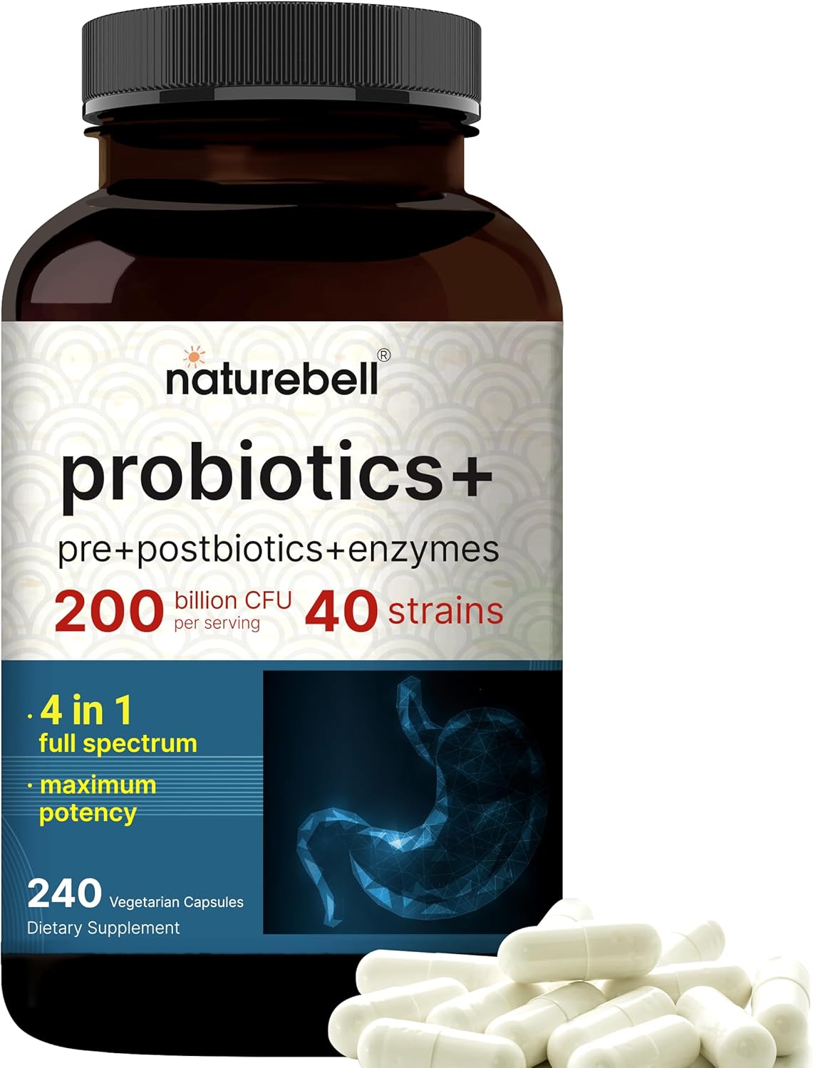 PROBIOTICOS+ 40 CEPAS 200 BILLONES CFU NATUREBELL 240 CAPSULAS VEGETALES NO GMO