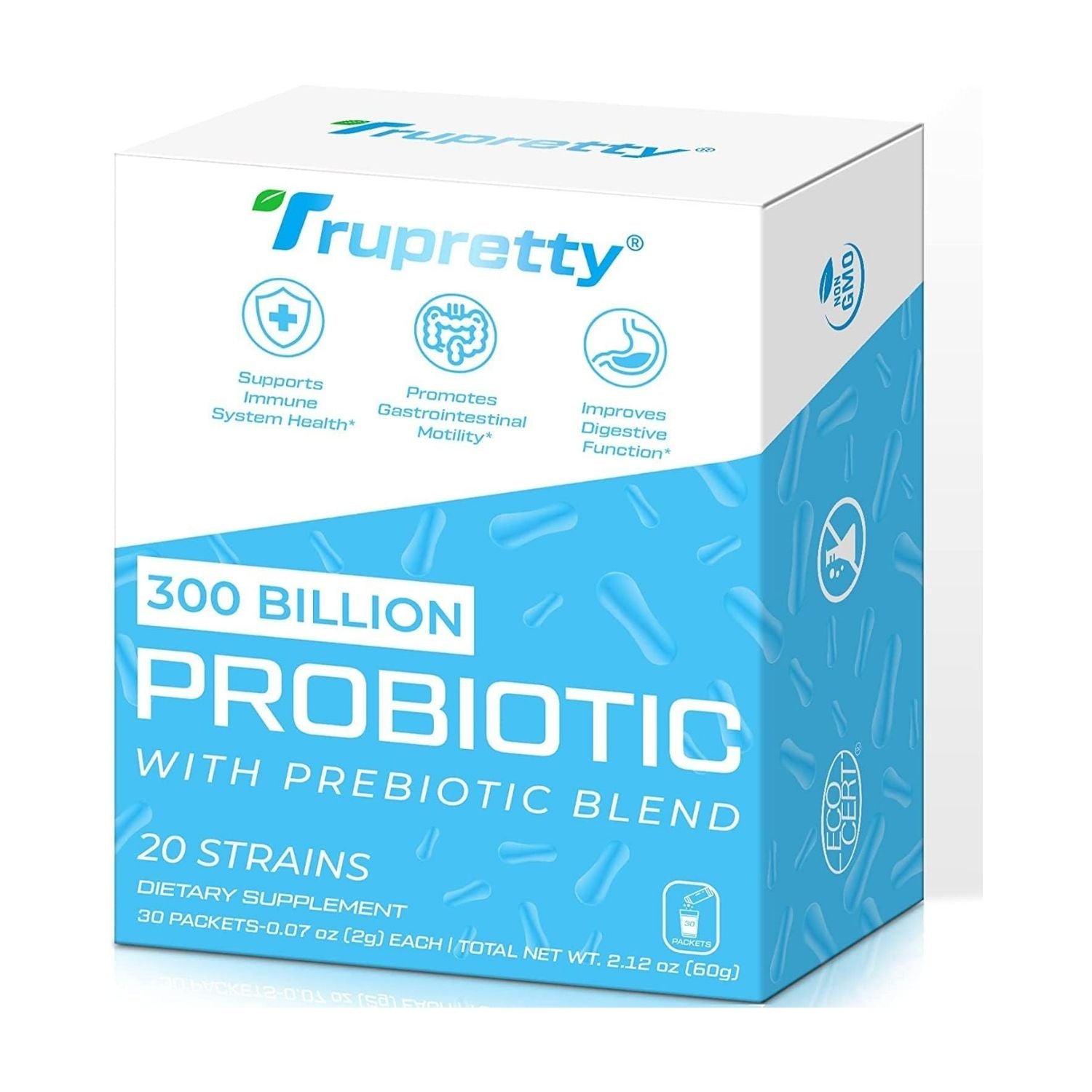 PROBIOTICOS Y PREBIOTICOS EN POLVO 300 BILLONES CFU 20 CEPAS 30 SOBRES SIN GMO VEGANO TRUPRETTY